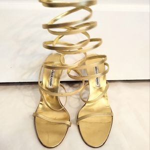 Rare vintage Manolo Blahnik gold metallic spiral knee high cage heels sz 9.5 New